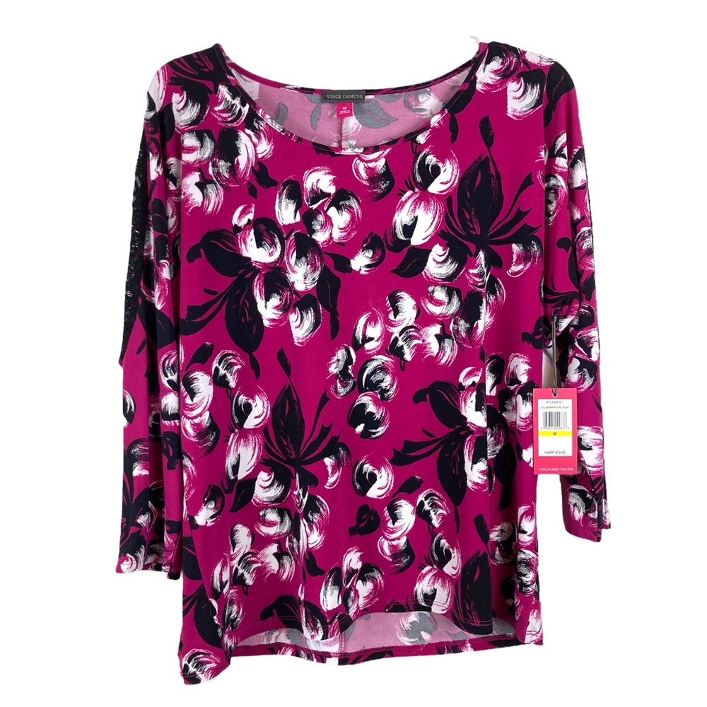 Vince Camuto Royal Ruby Pink Floral Jersey Knit Blouse Womens Size M NWT $79